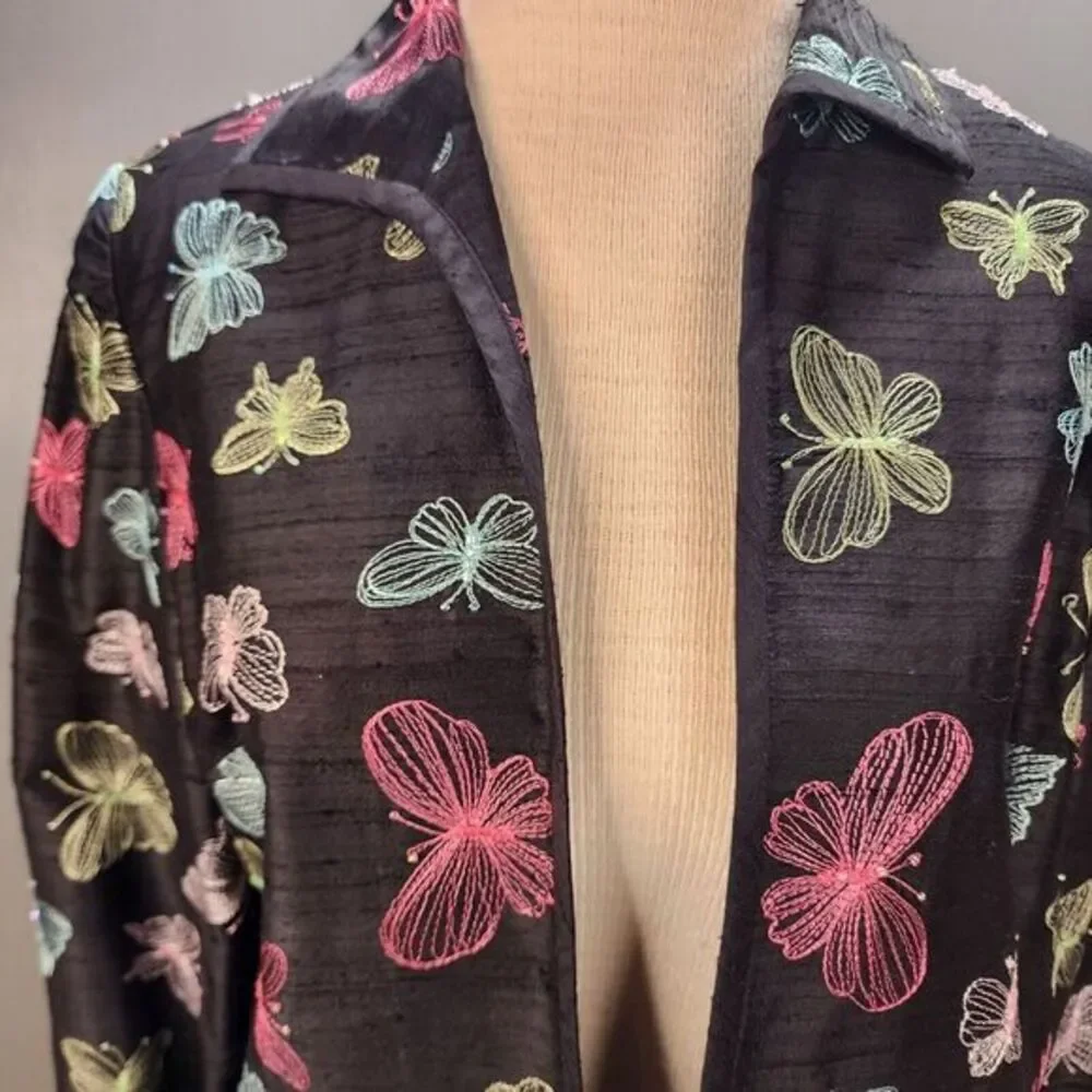 Peck and‎ Peck Vintage Black 100% Silk Open Jacket SZ 6 Embroidered Butterflies
